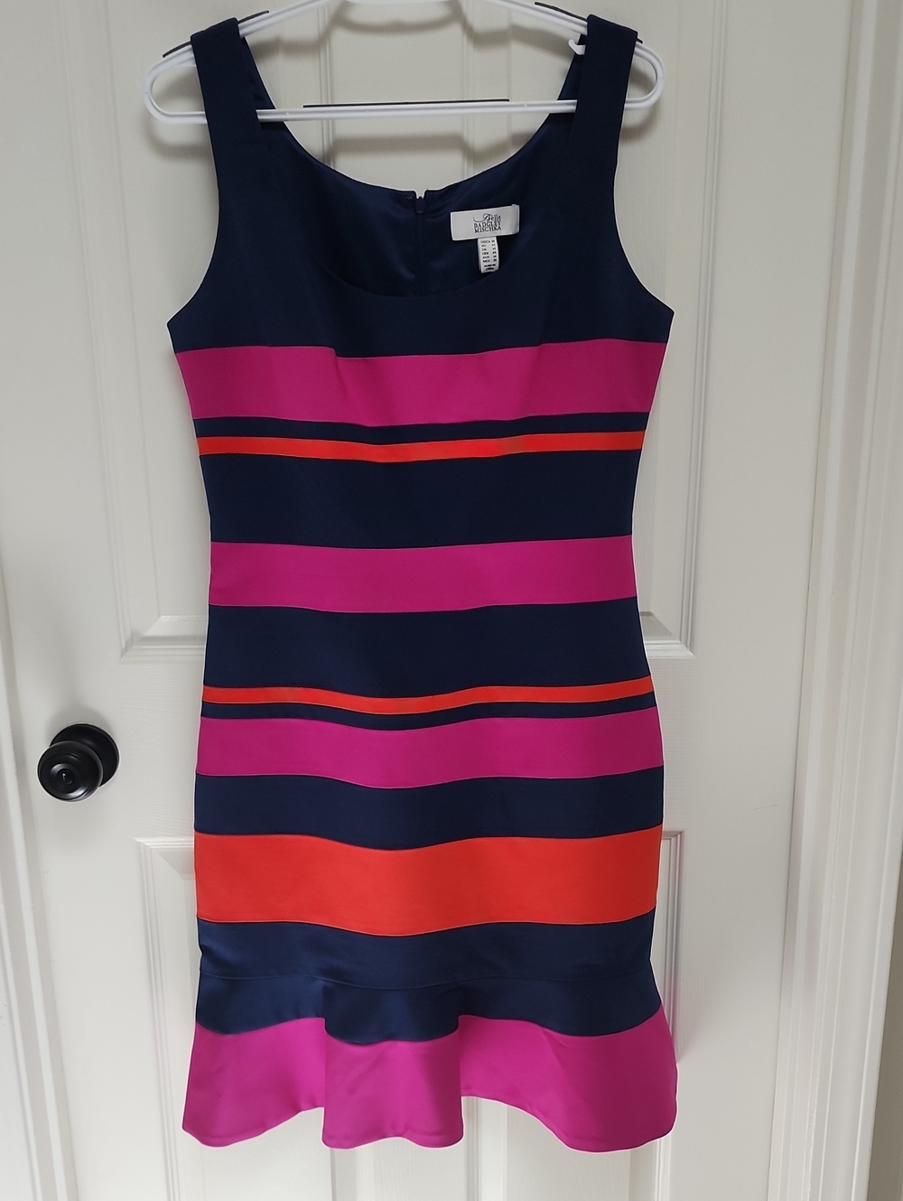 Badgley Mischka Size 10 Sleeveless Navy and Pink Striped Sheath Dress